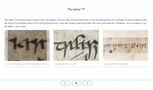 Screen shot of paleography primer for letter "i"