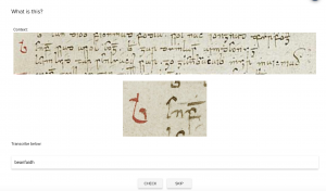 Screen shot showing a question in the Paleography Quiz